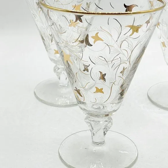 Vintage Libbey 1950s Royal Fern Gold Trim Stemware Wine Water Glasses Set of 4